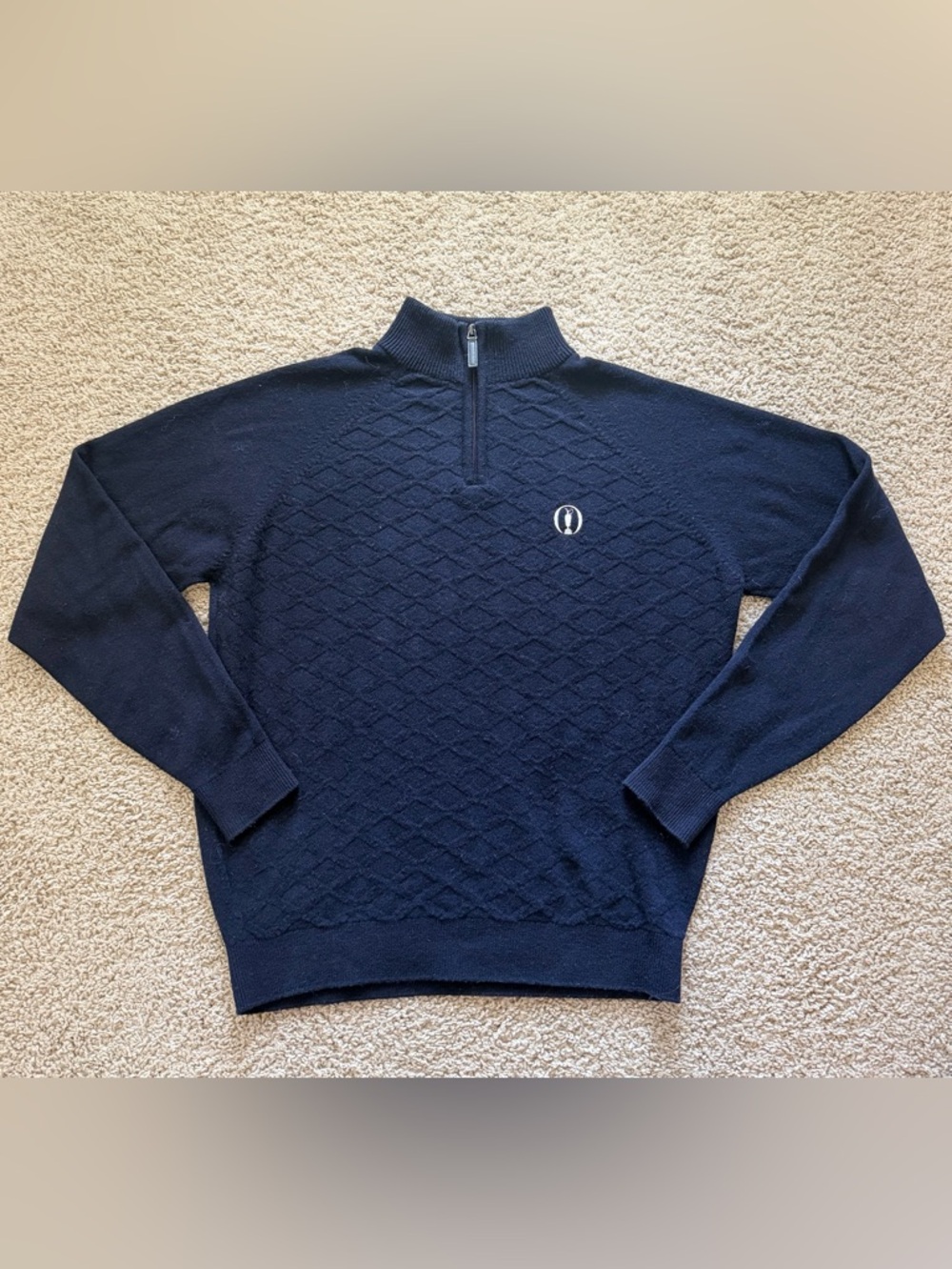 The Open by Glenbrae | Navy Golf 1/4 Zip Wool Sweater | UK Made | Mens L